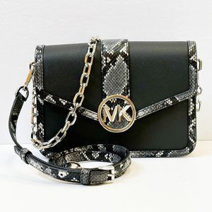 Michael Kors Carmen Medium Flap Shoulder Crossbody Bag Black Exotic Accents